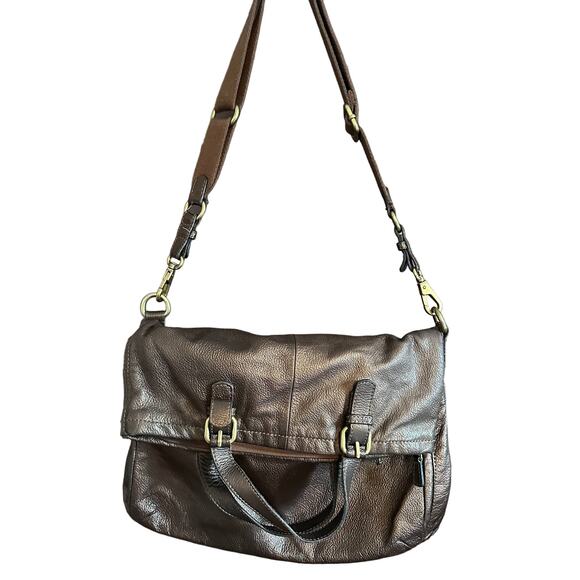 Y2K Vintage FOSSIL Brown Metallic Leather Fold Over Explorer Shoulder Bag Purse - Picture 1 of 7